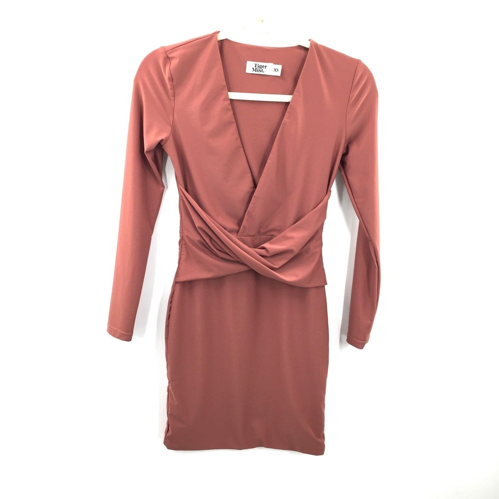 Tiger‎ Mist over under long sleeve bodycon cocktail dress rose mauve twist XS